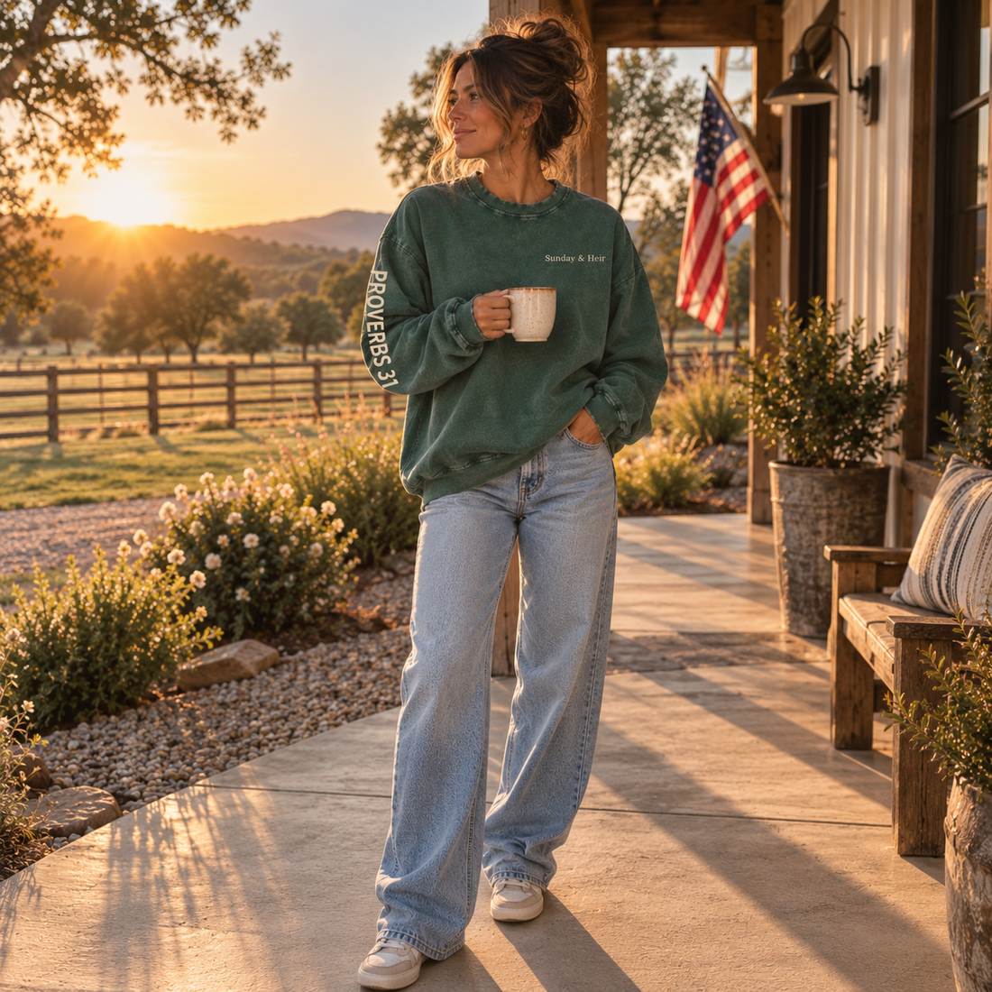 Full-length model in Sunday & Heir green Proverbs 31 sweatshirt holding morning coffee on farmhouse porch